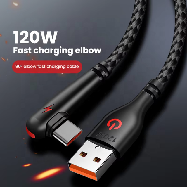 120W USB to Type-C Cable 90 Degree Elbow Mobile Phone Fast Charging Braided Cord for Laptops Gaming Devices