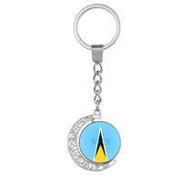 Porte-clés personnalisé en forme de lune rotative avec drapeau national d'Antigua, porte-clés en alliage avec cabochon en verre double face pour souvenir touristique