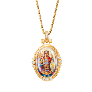 Peinture TIMEMUSE Saint Michel Archange sur coquille de nacre, peinture à la main catholique sur pierre précieuse - Product Image 1