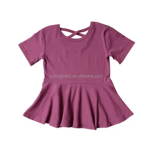 Wholesale Solid Cotton Knitted Kids T-Shirt Short Sleeve Peplum Tops Multicolor Children Spring Clothes