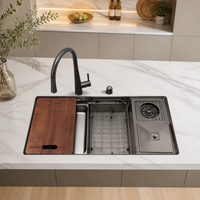 Robinet cascade en acier inoxydable 304 intelligent de luxe fait à la main évier de cuisine à bol unique avec fonction à un trou