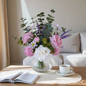 Bouquet <span class=keywords><strong>de</strong></span> fleurs artificielles haut <span class=keywords><strong>de</strong></span> gamme aux couleurs printanières, roses, pivoines, eucalyptus, en pot, finition moulée, pour bureau - Product Image 4
