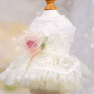 White Lace Pet Princess Dress with Pink Rose Wedding &amp; Party Tulle <strong>Gown</strong> for Small <strong>Dogs</strong> Vintage Flower Wedding Dress Pet Clothes - Product Image 6