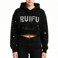 Sudadera con Capucha Unisex de Lujo Personalizada con Pedrería, Bordado 3D y Estampado en Relieve, Estilo Urbano, de Algodón, Corte Cropped y Ajuste Holgado