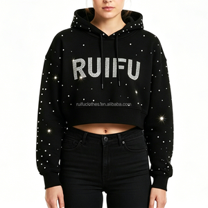 Unisex Custom Luxury Rhinestone 3d Embroidery Embossed Puff Hoodies <b>Print</b> Streetwear Cotton Cropped Boxy Fit Printing Hoodie - Product Image 1