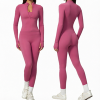 Ensemble de yoga pour femmes à séchage rapide, veste zippée à manches longues, pantalon taille haute ajusté, couleur unie, doux, pour la course et l'entraînement