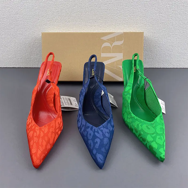 New Women's Shoes Blue Open Heel High Heel Shoes Pointed Shallow Mouth Thin Heel Single Shoes Women's Back Strap Sandals