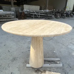 Top seller new design travertine table round top sturdy base unfilled surface travertine dining table for dining room
