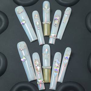 Prix d'usine – Faux ongles de luxe en acrylique, longs, rose, pleine couverture, faits à la main, à presser, avec strass étoiles – Vente en gros - Product Image 2