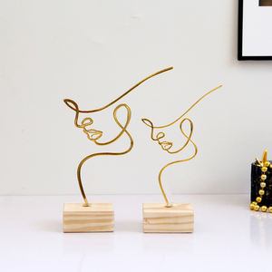 Base de madera cuadrada de arte lineal abstracto moderno, cara contemplativa, artesanía de mesa, decoración del hogar, Edición Dorada - Product Image 2