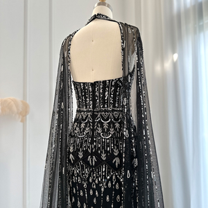 ASA-SS63高級クリスタルビーズロングケープウエディングドレスブラックキーホールイブニングガウン女性用 - Product Image 4