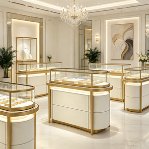 Vitrine de présentation de bijoux de luxe sur mesure avec finition laquée, verre doré et éclairage LED pour salle d'exposition, musée et bijouterie - Product Image 6