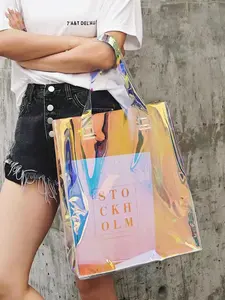 Bolso de PVC con logotipo personalizado, bolsa de compras transparente, impermeable, con cremallera y bolsillo
