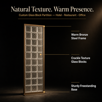 Paravent en verre craquelé avec cadre en métal bronze, bloc de verre texturé décoratif, cloison pour espace commercial, taille personnalisée