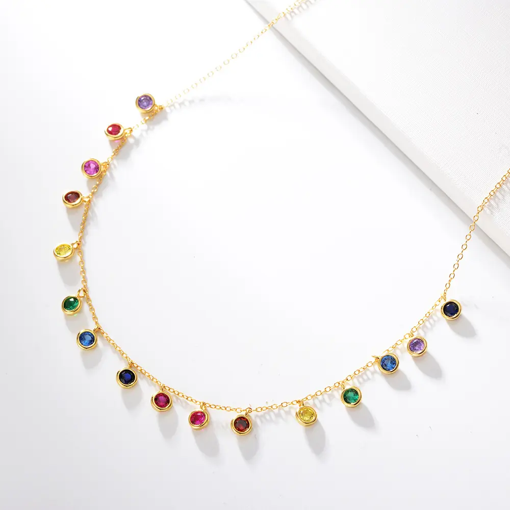 AN486 925 Sterling Silver Colourful Zircon Pendant Necklace 18k Gold Plated Rainbow Crystal Necklace Tassel Choker For Women
