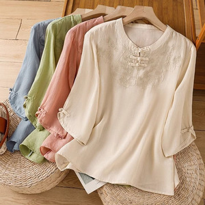 Chinese Style Embroidered Loose Top Women 2025 Summer T-Shirt With Knot Buttons Apricot Green Blue - Product Image 1