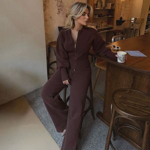 Ensemble décontracté transfrontalier 2026 Automne/Hiver – Haut tricoté uni zippé coupe ajustée et pantalon taille haute à jambes larges – Ensemble deux pièces - Product Image 2