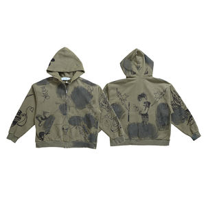 Sweat à capuche zippé pour homme KingSen OEM, imprimé numérique brodé, respirant, effet vieilli, polaire épais, hiver, vintage, hip-hop - Product Image 5