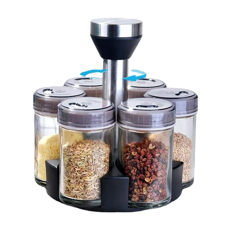 Revolving Countertop Herb and Spice Rack with 6 Glass Seasoning Airtight Jar Container Bottles with Stainless Steel Lids with