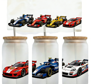 Bouteille d'eau réutilisable de qualité supérieure en verre dépoli 16oz avec couvercle en bambou et paille, motif F1 de course automobile professionnelle, protection UV DTF - Product Image 1