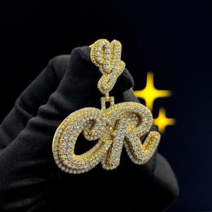 Custom CR <b>Initial</b> <b>Pendant</b> Fully Iced Out Script Letter Charm Gold Finish Necklace for Men & Women - Product Image 4
