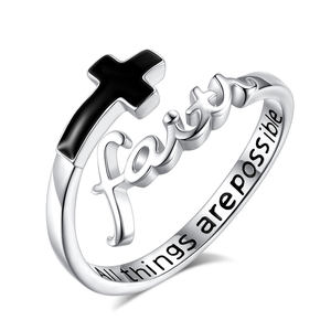 Anelli Cristiani Regolabili Merryshine in Argento Sterling 925 con Croce Vintage e Ossidiana per Donne - Product Image 1