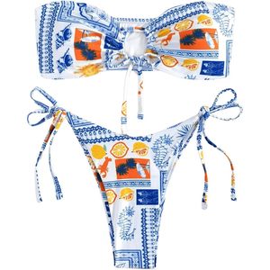 Conjunto de Bikini de 2 Piezas para Mujer FOXA, Estampado de Frutas, Top Bandeau, Tanga con Lazos Laterales, Traje de Baño de Verano para Playa, Elástico, Spandex, Poliéster - Product Image 1
