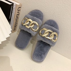 Commerce extérieur Automne et hiver Nouvelles pantoufles en laine à chaîne métallique Mode féminine Chaude Grande fourrure Plat avec tongs Transfrontalier - Product Image 6