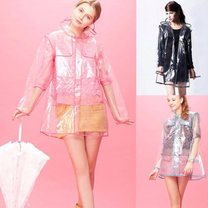 أزياء واضحة بلاستيكية ملونة حافة الكبار إيفا معطف واق من المطر طويلة للماء سترة المطر قصيرة مع غطاء محرك السيارة الموسع - Product Image 2