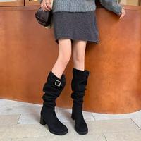 Bottes d'équitation en cuir véritable à talon épais et tige haute pour l'hiver