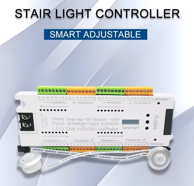 Led Stair case Light 32 Step 12v 24v 400W Rgb Remote with Motion Sensor Stair Light Controller