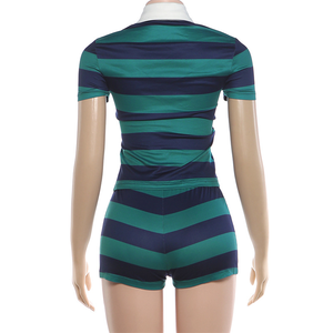 Completo a 2 Pezzi con Stampa a Righe per <span class=keywords><strong>Donna</strong></span>: T-Shirt con Colletto e Bottoni e Mini Shorts Semplici in <span class=keywords><strong>Stile</strong></span> Sportivo <span class=keywords><strong>Streetwear</strong></span> - Product Image 5