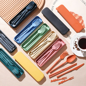 Juego de Cubiertos de Paja de Trigo, Portátil, con Tapa, Ecológico, Cuchillo, Tenedor, Cuchara, Palillos, para Camping - Product Image 1