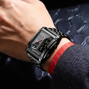 Binbond Square Dual Display Electronic Watch Men Waterproof Stainless Steel Strap Quartz Watch 14mm Folding Clasp - Product Image 3