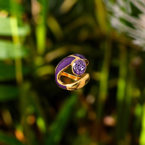 แหวนแฟชั่น สแตนเลสสตีล 316L ชุบทอง PVD สีม่วงเคลือบเงา ประดับคริสตัล ดีไซน์โดดเด่น - Product Image 3