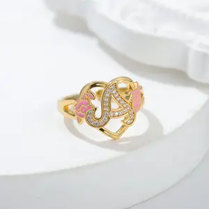 A To Z Initial Letters Rings Enamel Gold Rosette Adjustable Ring Jewelry For Women