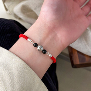 S925 Sterling <b>Silver</b> Buddhist <b>Beads</b> Red Rope Bracelet Women's Everyday Wear Agate Ball Shape Diy Braided Jewelry - Product Image 1