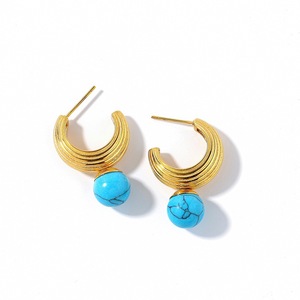 Boucles d'oreilles en acier inoxydable avec turquoise bleue, plaquées or 18 carats, design géométrique pour femmes - Product Image 5