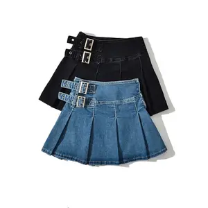 Bomblook L313SK Vintage Short Denim Mini Skirt Double Belt Denim High Waist Cargo A Line Skirt Ladies Pleated Skirts