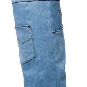 Bottes hautes en jean bleu pour femmes, style personnalisé, avec talon compensé, bout pointu plié, bottines longues - Product Image 6