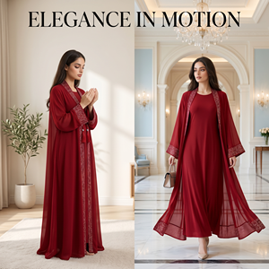 ชุดอาบายะห์เปิดหน้าแบบพรีเมียม สีแดง ผ้าชีฟอง แต่งขอบด้วยฮอตฟิกซ์ แขนยาว พร้อมชุดซับใน สำหรับงานอีด งานเลี้ยง และโชว์ในร้านบูติก - Product Image 5