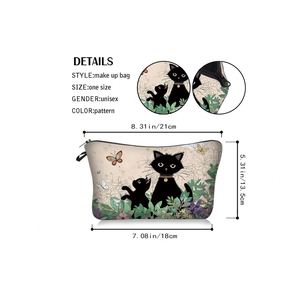 Nouvelle trousse de toilette imprimée chat noir de dessin animé pour femmes, sac de rangement de voyage portable, sac de toilette imperméable en cuir PU et polyester - Product Image 2