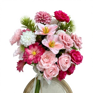 Ramo de Flores Artificiales de Seda y Plástico, Rosas y Lirios Rosados para Decoración de Bodas, Navidad y Eventos (Personalizable) - Product Image 1