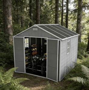 Caseta de Jardín Personalizable de PP, Diseño Impermeable y Resistente a la Putrefacción, Doble Puerta, Resistente a los Rayos UV, Estilo Moderno Minimalista, Capacidad de Almacenamiento de 8x8 pies - Product Image 1