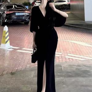 V Neck Puff Sleeve Slit Dress Black Solid Color Long Cocktail Dress Women Elegant Bodycon Fit High Waist Design - Product Image 3
