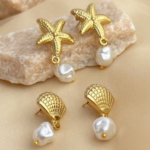Fashion Premium 18K Gold Plated Stainless Steel Jewelry Custom Women Elegant Shell and Starfish Irregularity <b>Pearl</b> <b>Drop</b> <b>Earrings</b> - Product Image 2