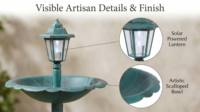 Lanterne solaire de jardin Art Déco en résine, résistante aux intempéries, avec motif floral et oiseaux, finition verdigris antique, écologique, pour bain d'oiseaux sur piédestal