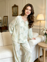 Pyjama décontracté en fibre de bambou pour femme, taille élastique, haut à manches longues et pantalon fin, imprimé floral, col pull, respirant, printemps/automne