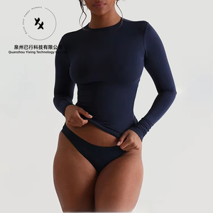 Nouveau T-shirt Crop Top à Manches Longues Dry Fit en Jersey, Polyester et <span class=keywords><strong>Spandex</strong></span>, Double Couche, Col Rond, pour Femme - Product Image 1