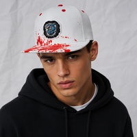 Casquette de baseball sportive en sergé avec motif graphique, patch requin de dessin animé, design éclaboussures de sang rouge, visière plate, style streetwear hip-hop, vente en gros